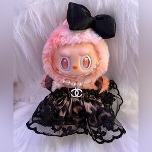 Labubu Monsters Outfit - Leopard Black Lace Dress with Accessories